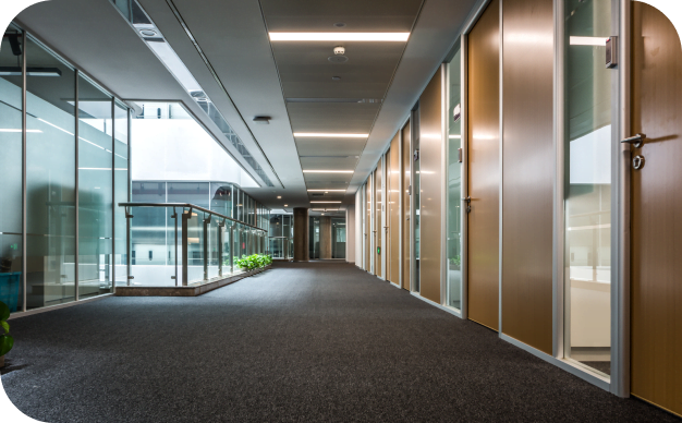 Modern office corridor with glass walls and wooden doors, featuring indoor plants and sleek design, illuminated by ceiling lights, creating a professional and welcoming environment