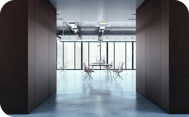 Modern coworking office space with panoramic windows and minimalist design
